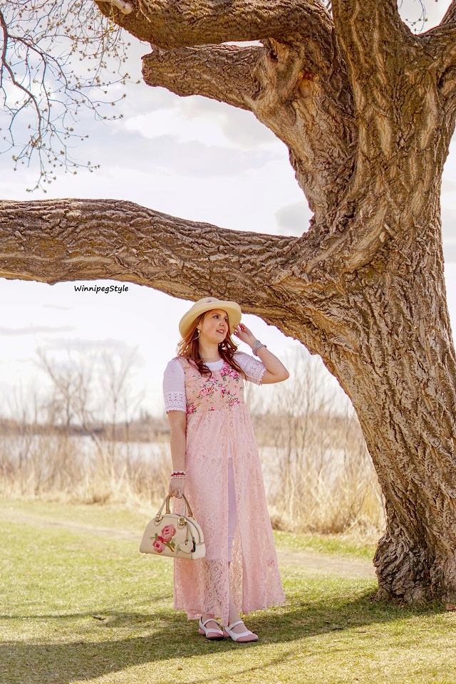Winnipeg Style, Canadian fashion blog, April Cornell Viola rose lace cover up pink full length vest dress, April Cornell white cotton lace crochet trim tshirt, April Cornell white cropped cotton floral embroidered leggings, John Fluevog white pink LE Fellowship Kathy flat leather shoes, Juicy Couture rose emboridered terry bowling bag purse, unique fashion, one of a kind, vintage straw hat